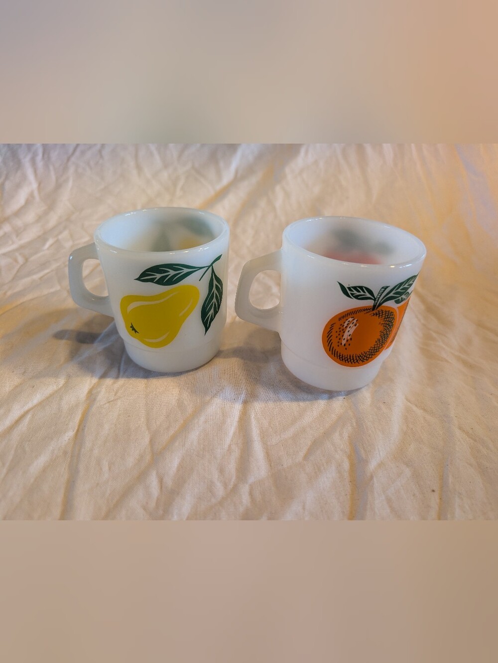 2/50$ Vintage White Fruit Mugs — Yellow Pear & Orange
